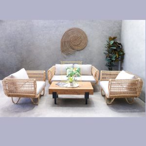 Town Chair Cane Sofa Set 4 Seater with Cushions Natural Cane Luxury Furniture