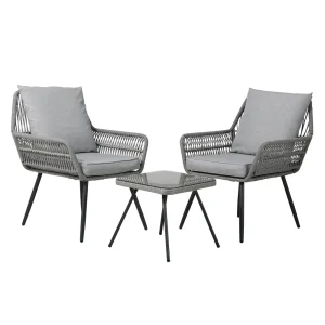 Townchair Braided Rope Patio Set 2 Chair and 1 Table Dark Grey with Cushions