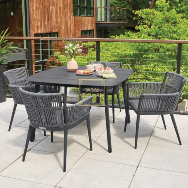 Townchair Outdoor Braided Rope Dining Set 4 Chairs and 1 Table Dark Grey with Cushions (2) Townchair Outdoor Braided Rope Dining Set 4 Chairs and 1 Table Dark Grey with Cushions