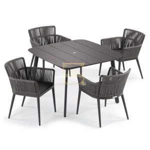 Townchair Outdoor Braided Rope Dining Set 4 Chairs and 1 Table Dark Grey with Cushions