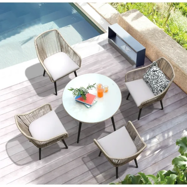 Townchair Outdoor Rope Dining Set 4 Chairs and 1 Table with Glass and Cushions Grey Colour (2) Townchair Outdoor Rope Dining Set 4 Chairs and 1 Table with Glass and Cushions Grey Colour