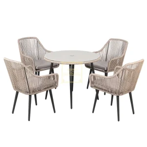 Townchair Outdoor Rope Dining Set 4 Chairs and 1 Table with Glass and Cushions Grey Colour