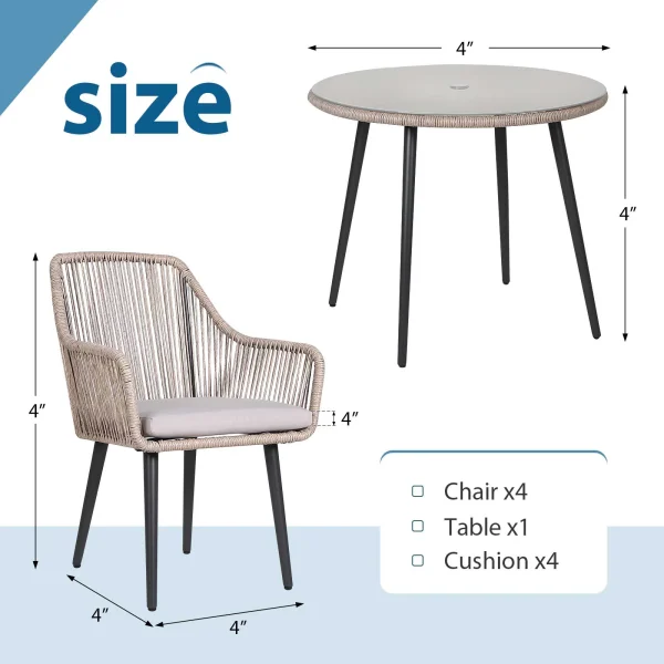 Townchair Outdoor Rope Dining Set 4 Chairs and 1 Table with Glass and Cushions Grey Colour (4) Townchair Outdoor Rope Dining Set 4 Chairs and 1 Table with Glass and Cushions Grey Colour