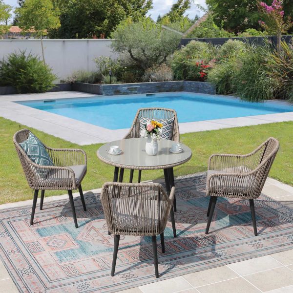 Townchair Outdoor Rope Dining Set 4 Chairs and 1 Table with Glass and Cushions Grey Colour Townchair Outdoor Rope Dining Set 4 Chairs and 1 Table with Glass and Cushions Grey Colour